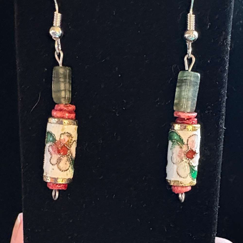 Hand Crafted Floral Cylinder Cloisonné Earrings - Green and Red